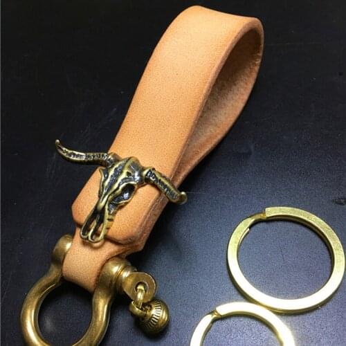 Handmade Solid Brass Key Chain Waist Hook Leather Strap Car Key Ring Vintage Copper Key Holders Organizer