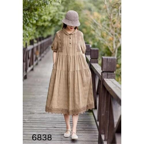 Mori Girl Summer Loose Lace Patchwork Lantern Sleeve Dress Cotton Linen Short-sleeve Dress Women A-line Doll Dress Female Robes