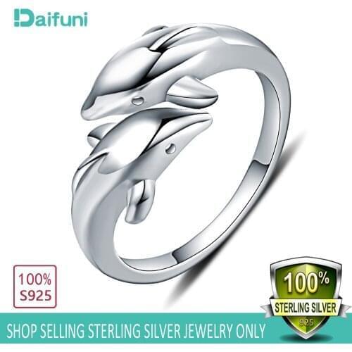 Daifuni 925 Sterling Silver Smooth Double Dolphin Adjustable Rings for Women Fashion Cute Party Charm Female Party Bijoux Gift