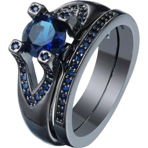 Luxury black gun promise Rings sets for wedding new women jewelry gift princess royal blue red czech zircon Engagement Rings