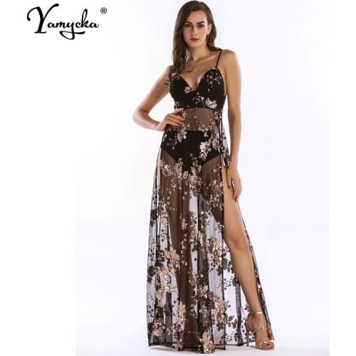 Sexy perspective Black gold Pink Sequins Summer long Dress women Backless Maxi Dresses Luxury night club Party Dress vestido N
