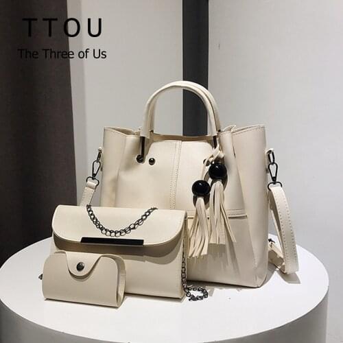 3Pcs/set Luxury Women Solid Color Handbag Female High Quality Pu Leather Retro Shoulder Bags Tassel Ladies Fashion Bags