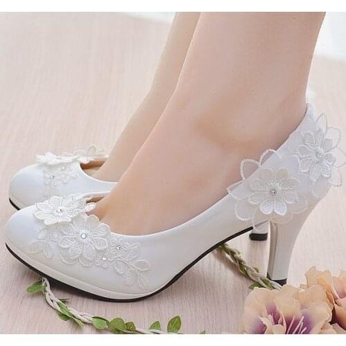 Fashion handmade lace wedding shoes woman round toes slip onn platforms high heels bridal wedding pumps shoes drop shipping