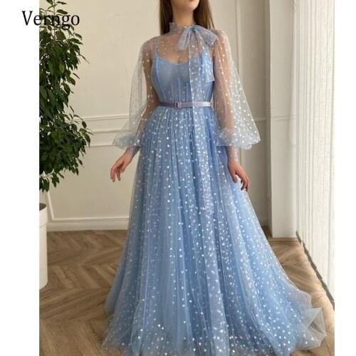 Verngo 2021 New Heart Pattern A Line Light Blue Tulle Prom Dresses Sheer Puff Long Sleeves High Neck Bow Ties Sash Evening Gown