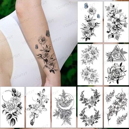 Waterproof Temporary Tattoo Sticker Blue Butterfly Wings Peony Rose Flower Leaf Arm Flash Tatoo Realistic Body Art Tatto