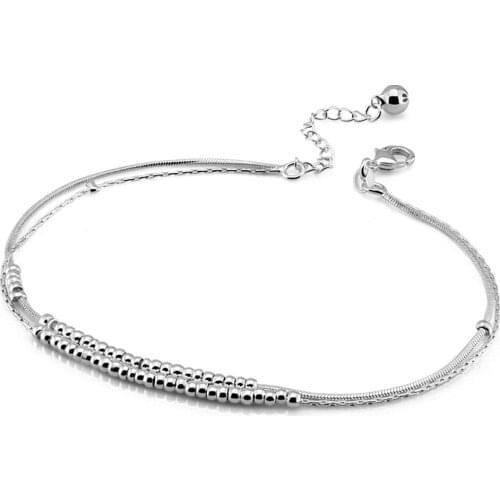Womens Summer 925 Silver Double Bead Anklet Beach Party Jewelry Sandals Ankle Silver Bracelet Girl Birthday Gift Tornozeleira