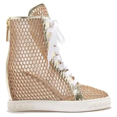 New Woman Golden and Goldust Hollow Out High Top Ironic Sneakers Round Toe Lace Up 8 cm Hidden Wedge Nylon Net Short Boots