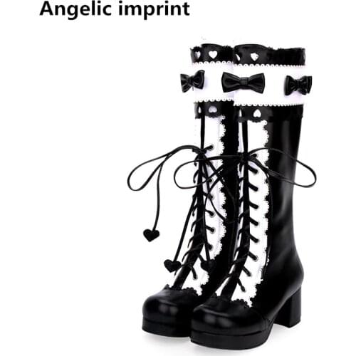Angelic imprint mori girl handmade Women motorcycle boots lady lolita Boots woman princess high heels pumps shoes bowtie 33-47