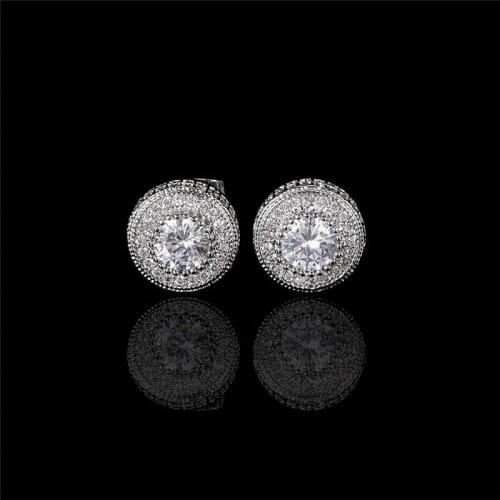 1Pair Zircon Micro Hip Hop Full Paved Rhinestone CZ Stone Round Iced Out Stud Earring Bling Copper Earrings For Women Jewelry
