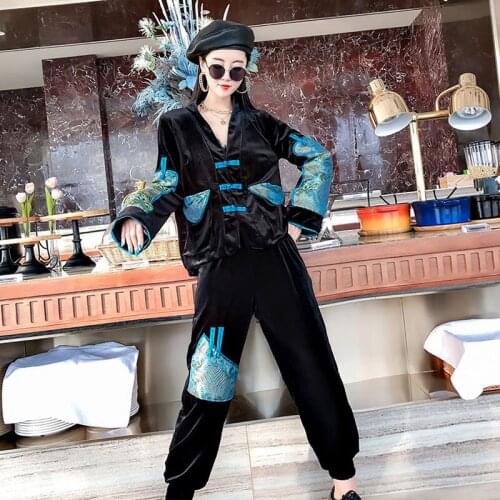 Chinese style Vintage Embroidery Plus size Women Gold velvet Suit Fashion Buckle Cardigan Coat Straight Trousers Casual 2Pc Sets