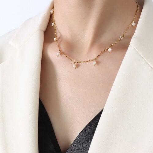 YAONUAN Vintage French Gold Plated Necklace For Women Freshwater Pearl Titanium Steel Clavicle Chain Fashion Jewelry Party Gift