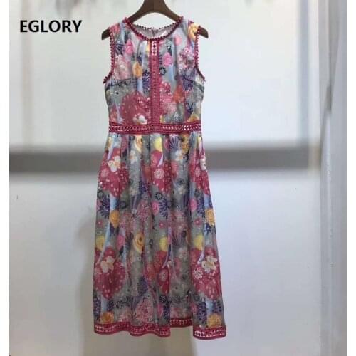 Latest Designer Dress 2020 Summer Ladies Pink Flower Print Hollow Out Embroidery Sleeveless Mid-Calf Length Casual Sun Dress