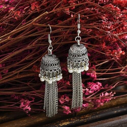 Ethnic Gypsy Indian Earrings For Women Boho Vintage Jewelry Ladies Retro Round Bell pearl Tassel Hollow Tassel Jhumka Earrings