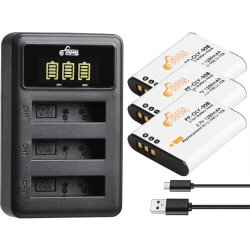 Li-90B LI90B LI-92B Battery + 3 Ports LED Charger for for Olympus TG-6 TG-5 TG-Tracker SH-1 SH-2 SP-100 IHS Tough TG-1 TG-2
