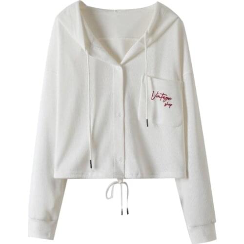 White Letter Embroidery Crop Hoodies Long Sleeve Single-breasted Pocket Hooded Sweatshirts Sweet Style Korean Ladies Pullovers