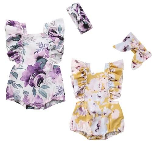 Newborn Infant Baby Girl Flower Bodysuit Headband 2Pcs Sunsuit Outfit Set Toddler Girls Kids Summer Bodysuits Playsuit Jumpsuit