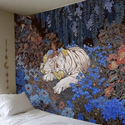 Jungle Girl Tiger Tapestry Forest Blue Flower Wall Hanging Art Wall Cloth Carpet Landscape Tapestries for Bedroom Room Decor