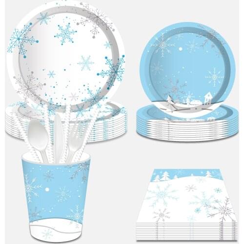 Cold Day Winter Snowflake Christmas Xmas Party Disposable Tableware Sets Paper Plates Cups Napkins Party Supplies Decorations