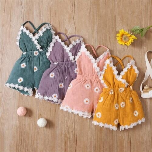 1-5Y Fashion Toddler Baby Girls Rompers Kids Girls Sleeveless Lace Flower V-neck Jumpsuits Shorts Pants Cotton Linen Outfits