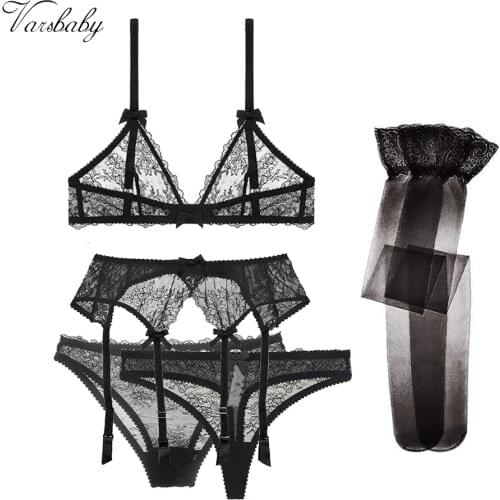 Varsbaby sexy lace wire free unlined lingerie set bra+panties+thongs+garter+stockings 5 pcs