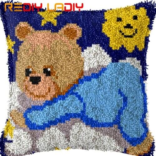 Latch Hook Cushion Blue Bear Teddy Pillow Case Acrylic Yarn Pillow Pre-Printed Color Canvas Crochet Cushion Cover Hobby & Crafts