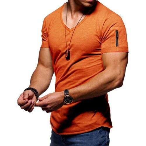 Fashion Men Tops Solid Color Zip Pocket V Neck Short Sleeve T-shirt Fit Plus Size Tee Top Mens Clothing 2021 футболка