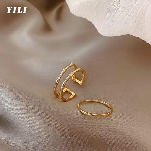 2021 New Korean Double-layer Bamboo Open Rings Exquisite Geometric Round Ring Set for Women Party Girls Unusual Rings Jewelry