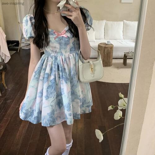 2021 Summer New First Love Skirt Platycodon Grandiflorum Waist Is Thin and Smudged Puff Sleeve Gentle High-end Dress