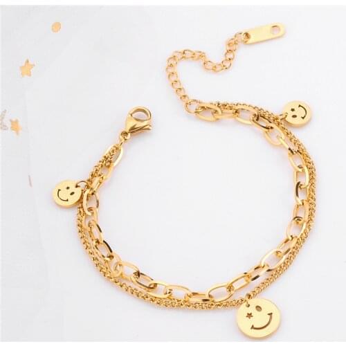 New Trendy Double Layer Hollow Smile Face Pendant Stainless Steel Women Bracelets Fashion Female Daily Hand Jewelry Girls Gift