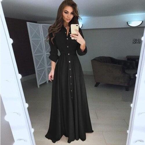 Solid Color Large Size Dress 2021 Autumn Temperament Womens Long-sleeved Shirt Collar Large Swing Long Dress Ladies Dresses