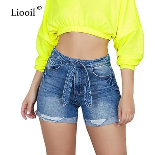 Liooil Sexy Denim Shorts Women 2021 Mid Waisted Lace Up With Button Zipper Pockets Female Autumn Washed Distressed Slim Jeans