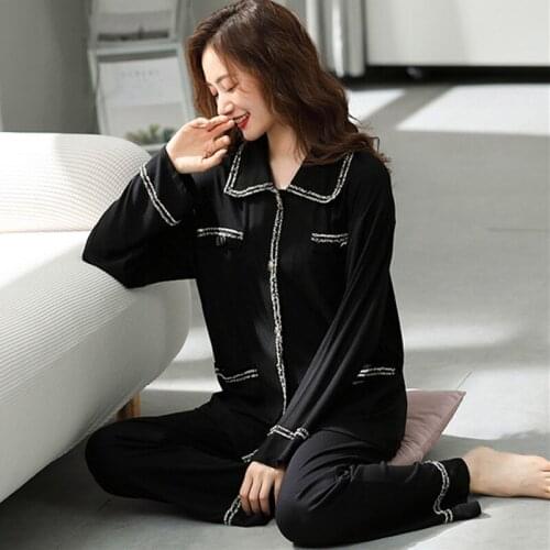 Pyjamas Women New Temperament Modal Home Clothes Plus Size Spring Autumn Sleepwear Set Lapel Black/White Pajamas Suit 3XL