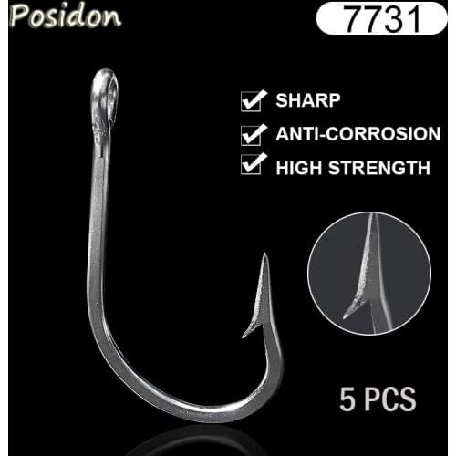 Posidon 5 Pcs 7731 Stainless Steel Fish Hooks Sea Big Game Fish Hooks Sea Large J Type Fish Hooks Tuna Bait Large Fishing Hooks