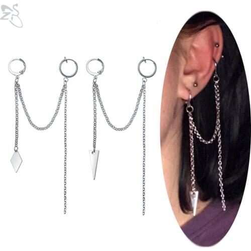 ZS 1 Pc Stainless Steel Drop Earring Kpop Double Piercing Long Tassel Earrings Korean Trendy Eardrops Hip hop Rock Accessories