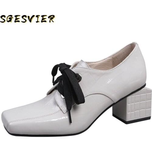 SGESVIER New Brand 2020 fashion women pumps genuine leather spring ladies shoes thick high heels square toe casual shoes