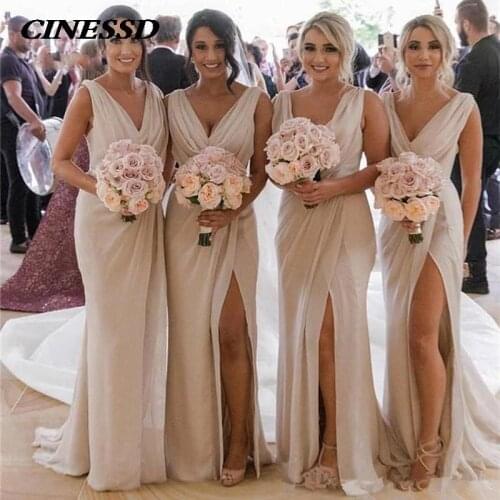 2021 Long Bridesmaid Dresses Sexy V-Neck Side Split Chiffon Vestido da dama de honra Formal Party Gowns Fast Delivery