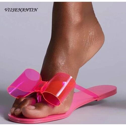 Butterfly-knot Flip Flops Summer Womens Vacation Holiday Shoes Fluorescent Green PVC Flat Heel Beach Slippers Designer Slides