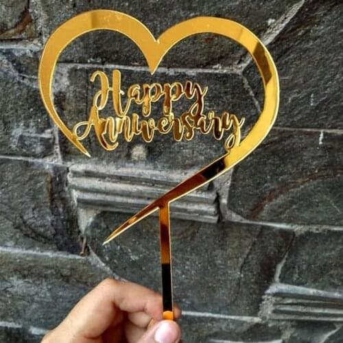 1PC New Happy Anniversary Cake Topper Acrylic Rose Gold Silver Cupcake Topper for Birthday Wedding Party Cake Decorations