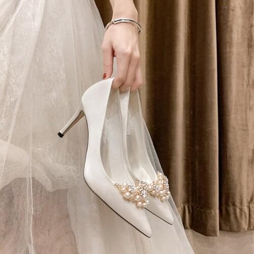 Size 42 43 White Women Wedding Shoes 2021 Plus Size Pearl Bride Ladies High Heels Pumps 9cm Bridesmaid Womans Dress Heeled Shoes