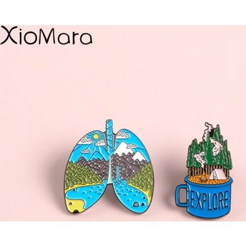Adventure Pin Mountain Forest Lakes Earth Lung Cup Explore Nature Enamel Pin Button Badge Travel Brooch Women Men Outdoorsy Gift