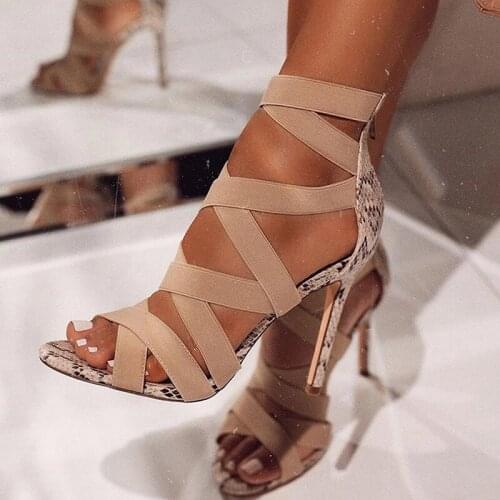 Sandals Summer Women Thin Heels Sandals Sexy High Heels Gladiator Cross-Tied Sandalias Snake Pattern Roman Pumps Ladies Shoes