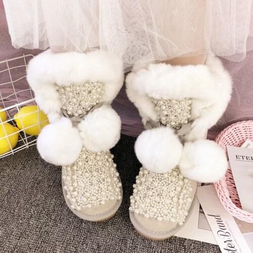 Cute fairy hair ball leather water drill pearl three-dimensional flower rabbit hair snow boots cotton shoes womens boots