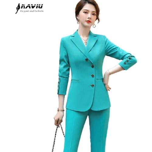 Green Women Suits Fashion 2021 New Autumn Temperamet Business Formal Slim Blazer And Wide Leg Pants Office Ladies Work Wear