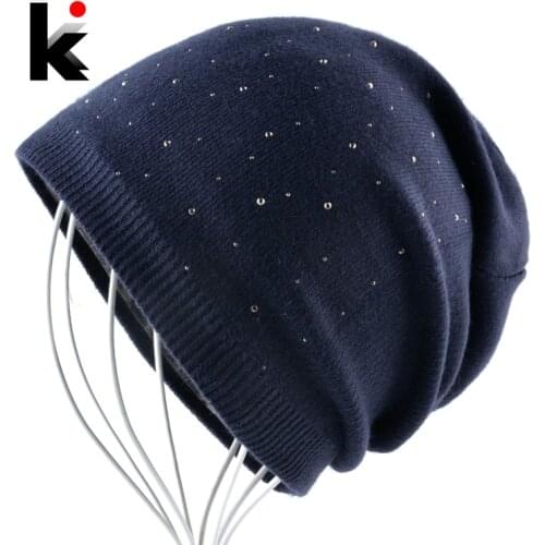 Ladies Fashion Rhinestone Pearls Beanie Women Autumn Winter Knitted Hats Womens Solid Color Bonnet Caps Female Knit Skullies