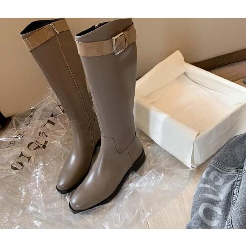 MEZEREON Leather And PU Thigh High Boots Round Toe Cool Riding Equestrian Boots Mixed Color Fashion Shoes With Buckle