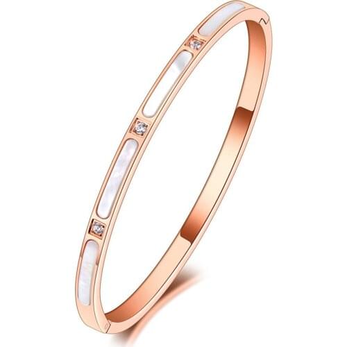 Luxury CZ Crystal 4mm Cuff Bangles For Women White Shell Titanium Stainless Steel Bracelets Jewelry For Women B20185