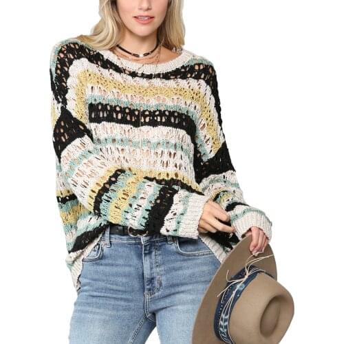 Womens Fashion Round Neck Loose Sweaters Long Sleeve Color Block Striped Print Hollow Out Knitted Tops Ladies Casual Pullovers