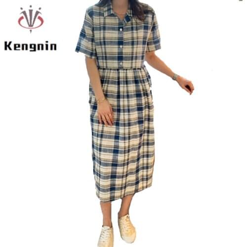 2020 Summer Women Dress Plus Size 5XL Plaid Vestidos Loose Short Sleeve Female Dress Button Design Ladies Robe Clothing KE71