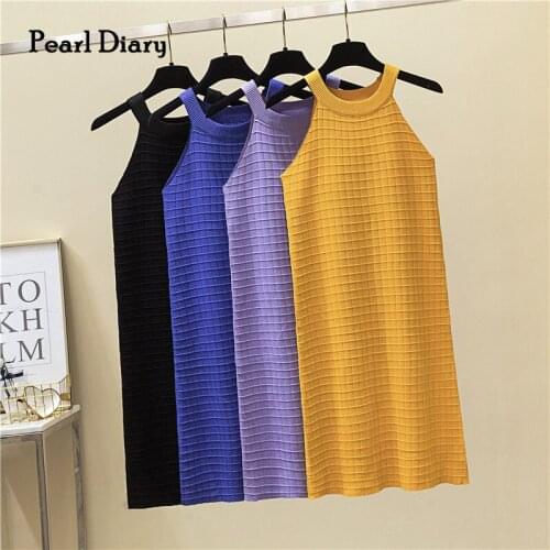 Pearl Diary Women Knitted Halterneck Mini Dress Summer Skinny Sexy Fitted Sleeveless Dress Slim Fit Bodycon Club Knitted Dress