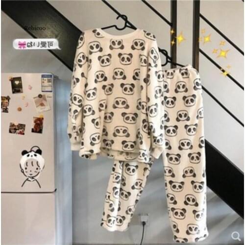 Winter Pajama Women Korean Sleepwear Cute Cartoon Flannel Pajamas Set Velvet Warm Pijama Round Neck Pyjama Homewear Women